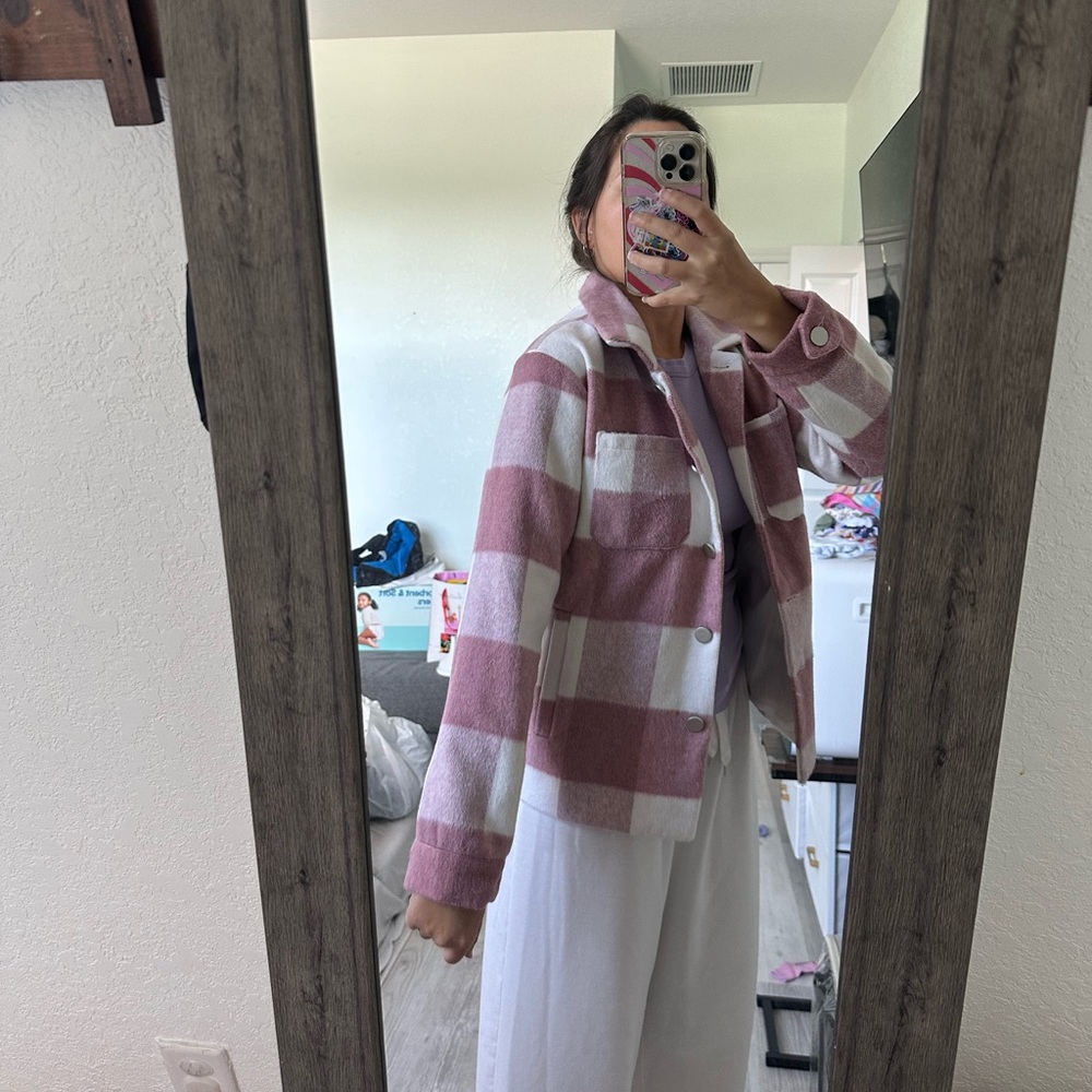 Pink Lily Checkered Pink and Cream Teddy Jacket
